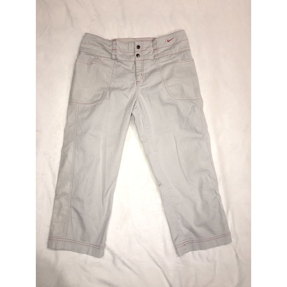 Nike Womens Y2K Cropped Utility Pants Gray Red Stitch Mesh Panel Capris 30 Waist